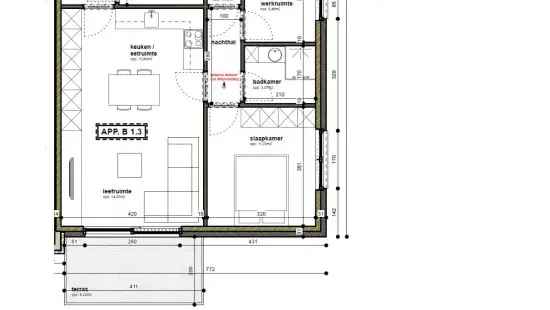 App. met slaapkamer en bureel, autostandplaats + berging