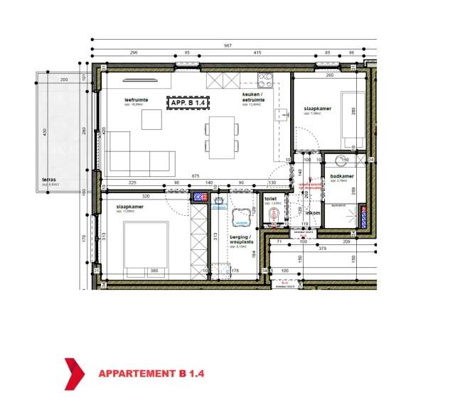 App. met 2 slaapkamers, tof terras, parking en kelderberging